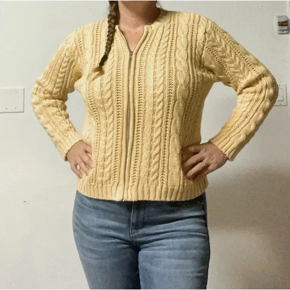 Vintage‎ Gallagher cable knit cardigan zip sweater ramie cotton grandma grandpa